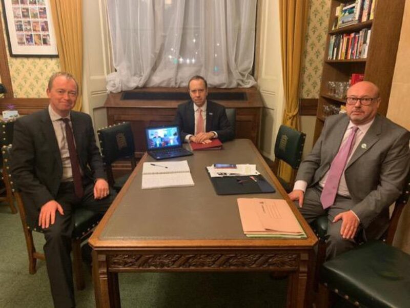 (Left to Right) Tim Farron MP, Health Secretary Matt Hancock, and Grahame Morris MP. Others participated virtually.